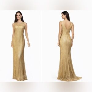 Marina Long Formal Dress 10 Gold Shimmer Flowy Wedding Party Cruise